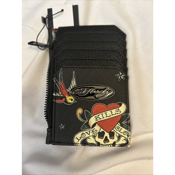 ED HARDY ID CARD CASE Coin Bag W/zipper Tattoo Colorful Love Kills Slow Try - Picture 9 of 10